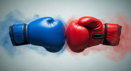 Photo of two boxing gloves, one red and one blue, collide with a burst of colorful powder and dust, symbolizing intense competition and impact