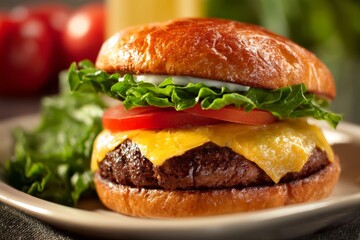 Cheeseburger with lettuce and tomato.