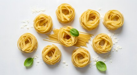 Delicious fresh pasta nests with basil leaves on a white background ready for cooking and eating soon