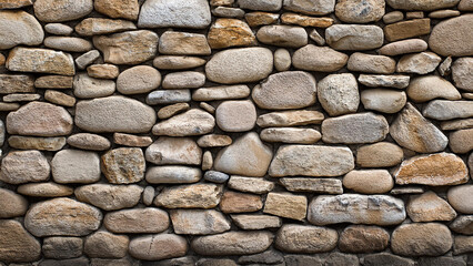 Obraz premium Symmetrical Beige Stone Wall with Rounded Rocks and Smooth Textures, Ideal for Architectural Background, Garden Walls, and Construction Design Concepts
