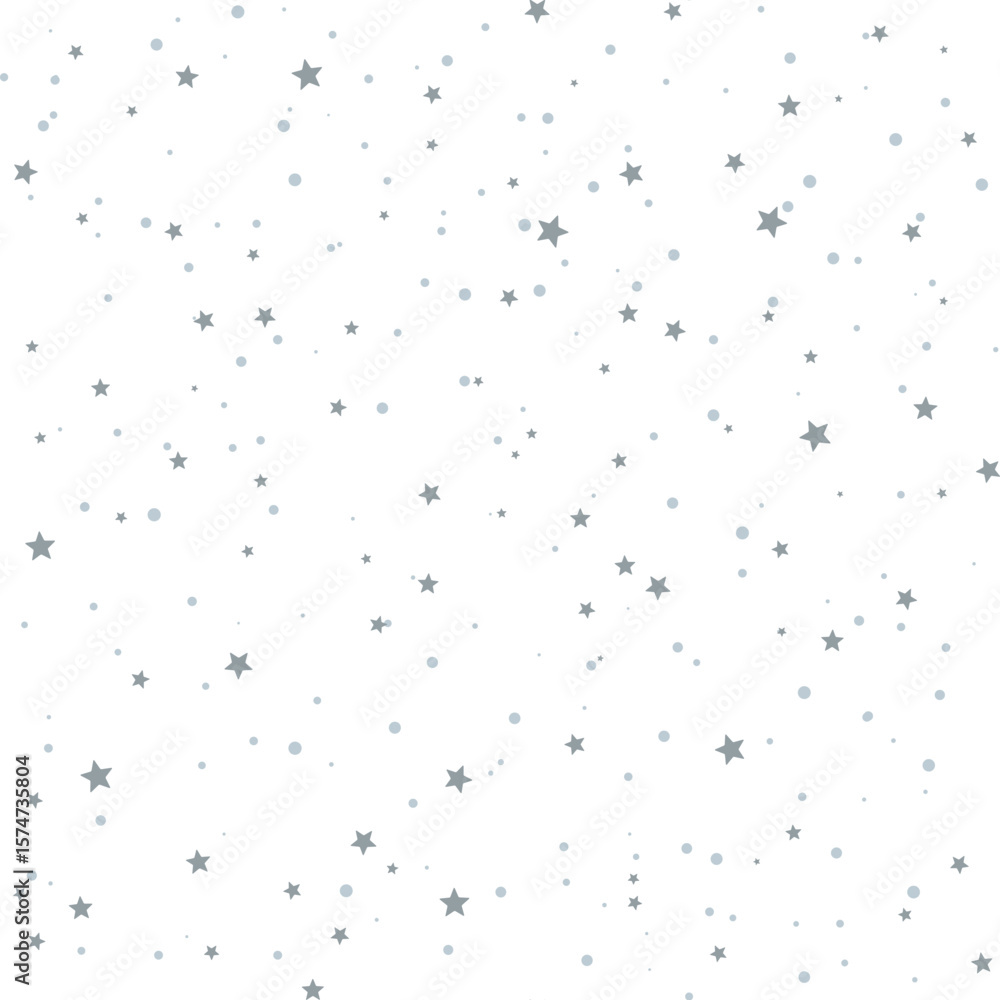 Poster snowy seamless vector pattern with scattered gray stars and dots. festive flat style background. ide