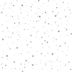 Snowy seamless vector pattern with scattered gray stars and dots. Festive flat style background. Ideal for winter design, seasonal packaging, kids textile, Christmas wallpaper, textile fabric print