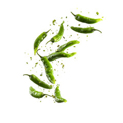 Fresh green chilies in motion against a black background.