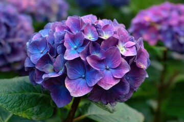 Purple Hydrangea Bloom in a Garden with Similar Blossoms, Ideal for Beauty Product Ads
