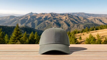 Neutral colored baseball cap sits atop a wooden surface against a mountainous forest background.