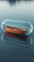 Wooden Boat Encased in Glass Floating on Calm Water A Surreal and Artistic