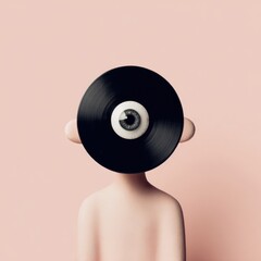 A minimalist art piece featuring a faceless figure with a vinyl record for a head. The background is a soft pink, emphasizing the retro concept.