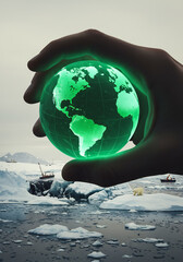 Hand holding glowing green globe over melting Arctic ice with polar bears and ships, symbolizing climate change