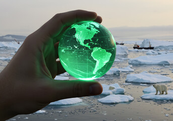 Hand holding glowing green globe over melting Arctic ice with polar bears and ships, symbolizing climate change