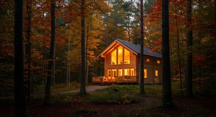 Autumn cabin forest house log cabin woods trees fall foliage cozy home architecture nature getaway light