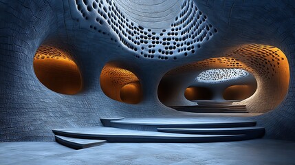 Abstract interior design of a cave-like space.