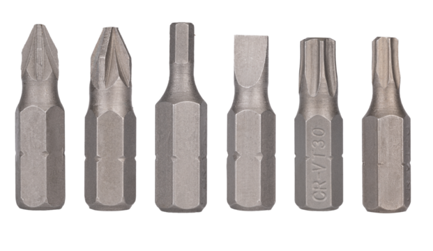 Set of six metal screwdriver bits