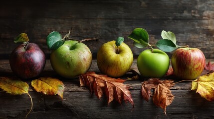 Vibrant red and green organic apples nestled among autumn leaves on a wooden table, capturing the fresh, healthy essence of the season's ripe fruit