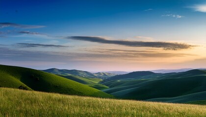 Fototapeta premium serene expanses of rolling hills under a calm sky at dusk