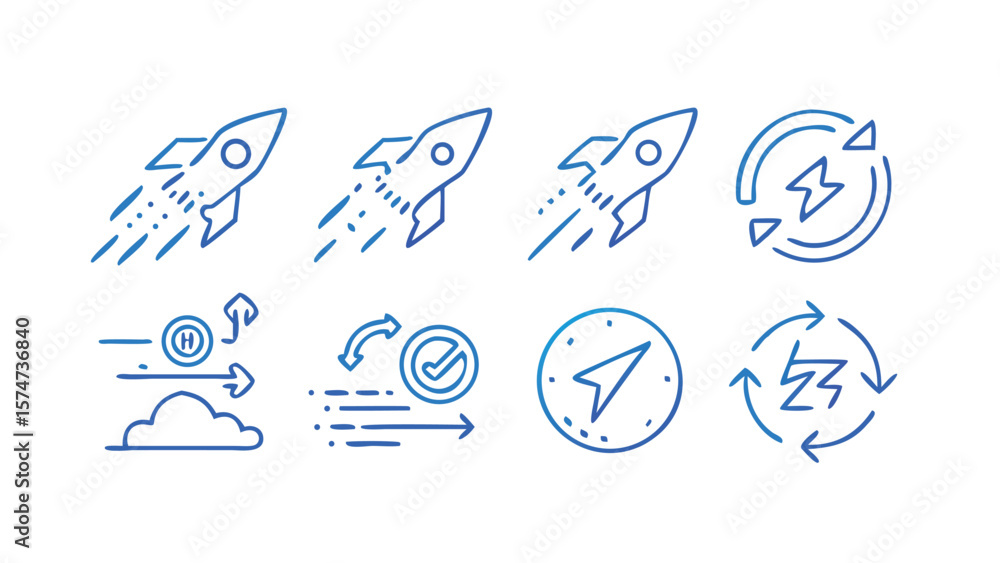 Aufkleber comprehensive icon set featuring speed and acceleration line icons for ui ux design on transparent b