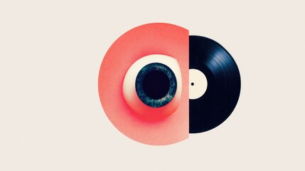 A minimalistic design featuring a black vinyl record and a circular red element. The composition highlights retro aesthetics and trendy art concepts.