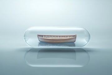 Wooden Rowboat Inside Transparent Capsule Floating on Water with Reflection in Soft Blue Light