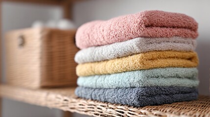 Folded pastel towel stack on wicker shelf, airy background