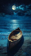 Wooden Canoe on Beach Under Moonlight With Starry Night Sky and Clouds