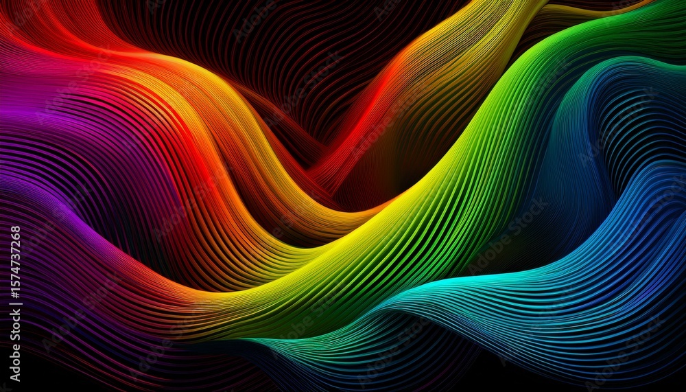 Poster lines with color gradient on a black background abstract pattern of 3d wavy shapes graphic of rainbo