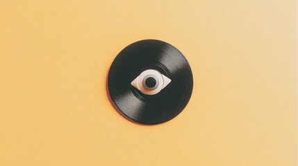 A black vinyl record with a unique eye design in the center, placed on a bright yellow background. The image reflects retro and minimalist art concepts.