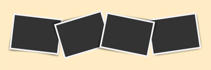 Four horizontal overlapping blank photo frames. Photo image collage template. Isolated vector mockup. Template for album, banner, gallery design, interior design, social media, memory layout
