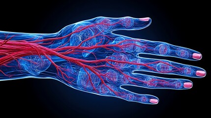Detailed anatomical illustration of a hand with visible blood vessels and muscles.