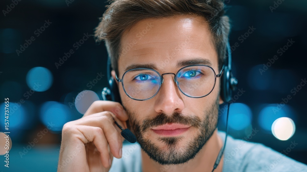 Poster a focused man with glasses and a headset, engaged in work, illuminated by soft bokeh lights in the b