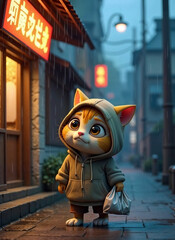 Charming cartoon cat in a hooded jacket holding a bag while standing in the rain on a quaint city street at night.