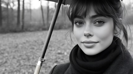A woman with an umbrella in a monochrome landscape.