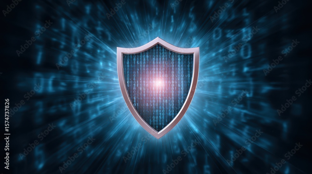 Poster digital shield symbolizing cybersecurity, surrounded by glowing binary code, representing data prote