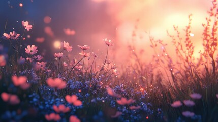 Fototapeta premium A dreamy field of pink cosmos flowers and blue wildflowers at sunset with bokeh lights effect