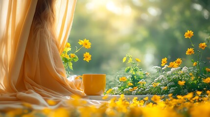 A sunny morning view through a window, with a cup of coffee and flowers.