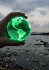Hand holding glowing green globe over polluted ocean with dead fish, plastic waste and cargo ships, symbolizing marine pollution and climate change