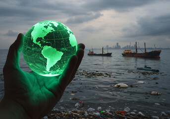 Hand holding glowing green globe over polluted ocean with dead fish, plastic waste and cargo ships, symbolizing marine pollution and climate change