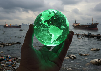 Hand holding glowing green globe over polluted ocean with dead fish, plastic waste and cargo ships, symbolizing marine pollution and climate change