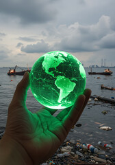Hand holding glowing green globe over polluted ocean with dead fish, plastic waste and cargo ships, symbolizing marine pollution and climate change