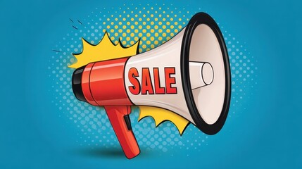 A vibrant megaphone with "SALE" text and comic-style graphics, set against a blue background, emphasizing promotions and marketing.