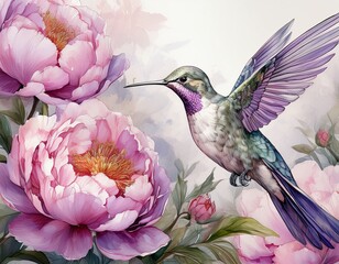 Obraz premium watercolor hummingbird flitting amongst pastel purple peony blossoms illustration