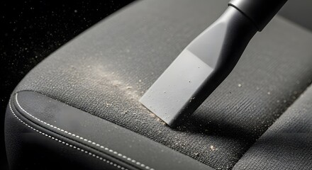 Cleaning a dusty car seat with a vacuum cleaner nozzle, removing dirt and debris. The process reveals a textured fabric surface underneath.