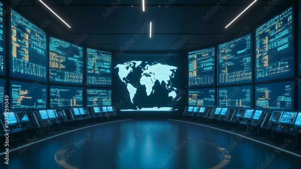 Poster futuristic global network operations center video background for technology and security concepts
