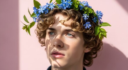 Spring fairy woman with floral makeup and pink blossoms in her hair