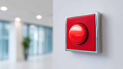 Red emergency button mounted on a white wall in a modern interior, with a blurred background highlighting a plant and bright lighting.