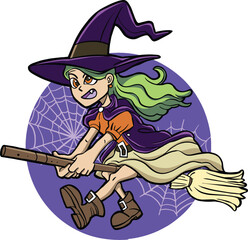 Cute Halloween Witch Flying on Broomstick with Spiderweb 