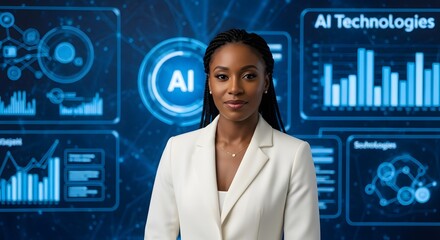 Confident African American woman, a tech leader, stands before a vibrant AI interface showcasing data visualizations and technological advancements.