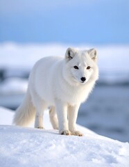 Obraz premium A majestic white fox stands gracefully on a blanket of pristine, snow-covered ground, its fur glistening in the soft winter sunlight.