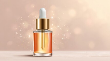 A cosmetic dropper bottle with a golden cap and clear serum, surrounded by sparkling effects on a soft beige background.