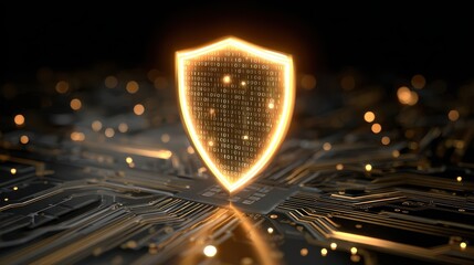 Digital shield symbolizing cybersecurity, illuminated over a circuit board background with binary code and glowing elements.