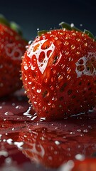 Close-Up of Fresh Ripe Strawberries with Water Droplets in Red Background