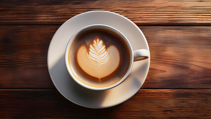 Obraz premium Warm Cup of Black Coffee with Sunlight Glow and Coffee Beans Scattered on Wooden Surface – Morning Energy and Natural Coffee Break Scene